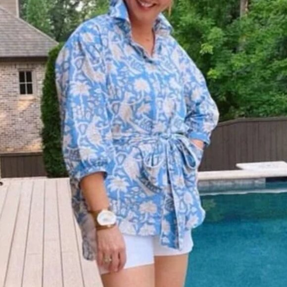 Holly Shae Design Popover Tunic Top Shirt Blouse Sash/Belt Blue White Toile Bird - Picture 2 of 15